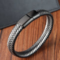 Simple High Polished Interface and Cross Wire Braided Leather Bracelet Silver Stainless Steel Gift for Mens Jewelry OT-254