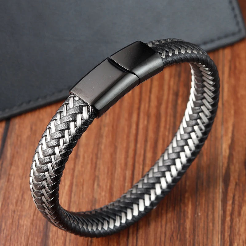 Simple High Polished Interface and Cross Wire Braided Leather Bracelet Silver Stainless Steel Gift for Mens Jewelry OT-254