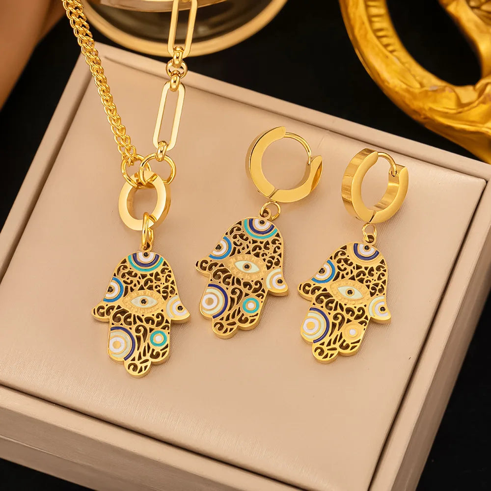 Nabest Stainless Steel Women Enamel Hand of Fatima Necklace Bracelet Earrings Waterproof Gold Plated Healing Jewelry Set