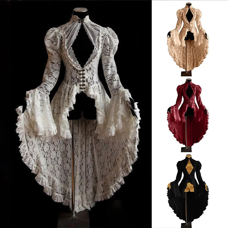 2023 European and American Retro Lace Splicing Stand Collar Dress Flared Sleeve Slim Dovetail Dress Women