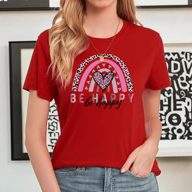 Pro Club Casual Women's Crew Neck Short Sleeve Loose Breathable Cotton T-Shirt Leopard Solid Letter Logo Print Rainbow Heart