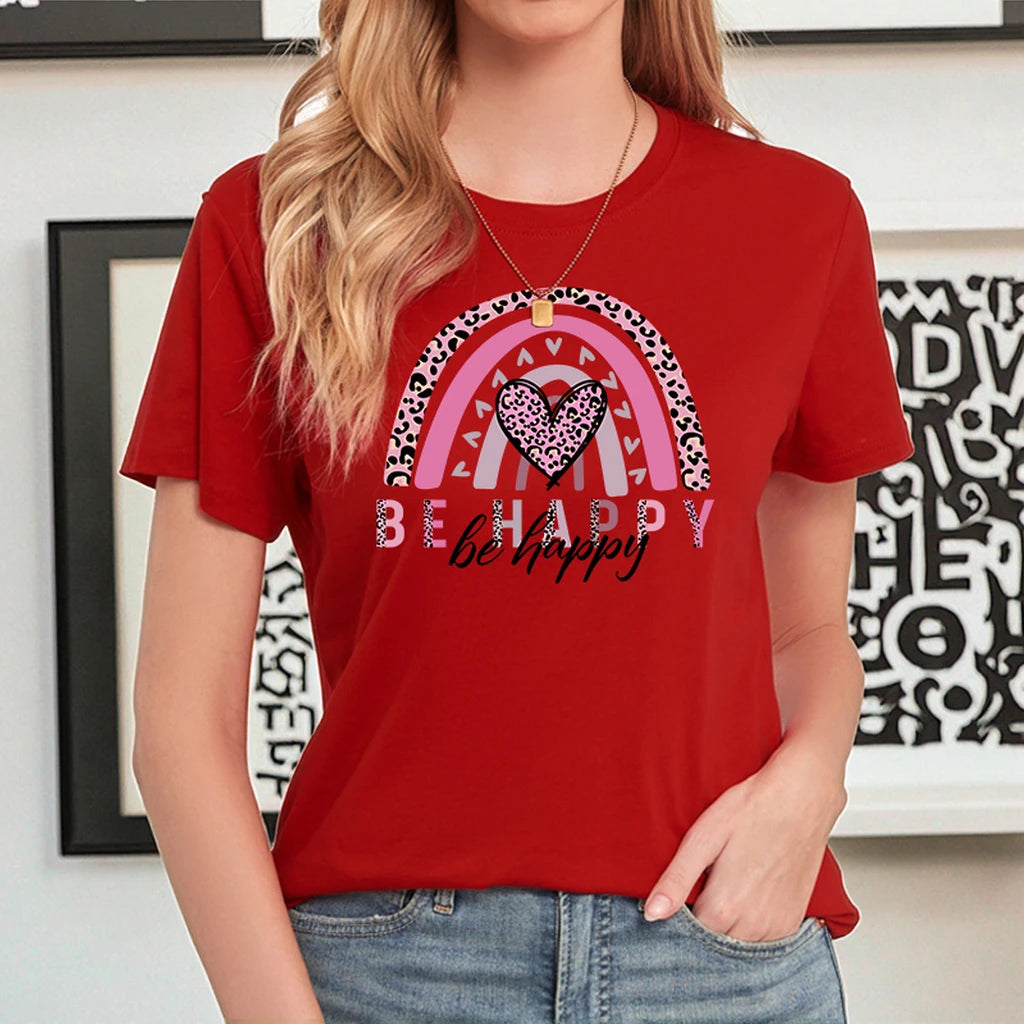 Pro Club Casual Women's Crew Neck Short Sleeve Loose Breathable Cotton T-Shirt Leopard Solid Letter Logo Print Rainbow Heart