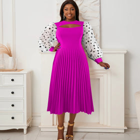 AM030110 Tea Length High Waist Puff Sleeve Polka Dot Pleated Women Prom Dresses