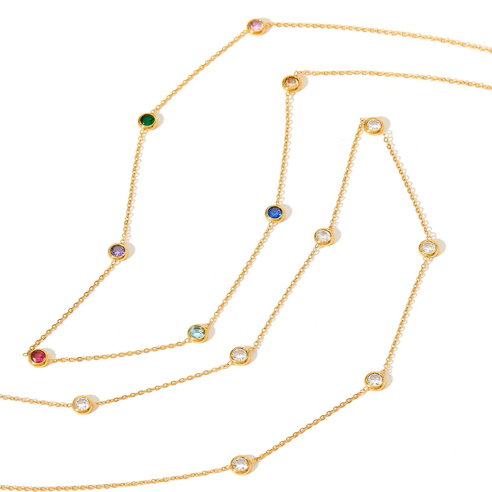 14k Gold Plated Stainless Steel Colorful Gift Jewelry Seven Color Round Cubic Zirconia Necklace for Women
