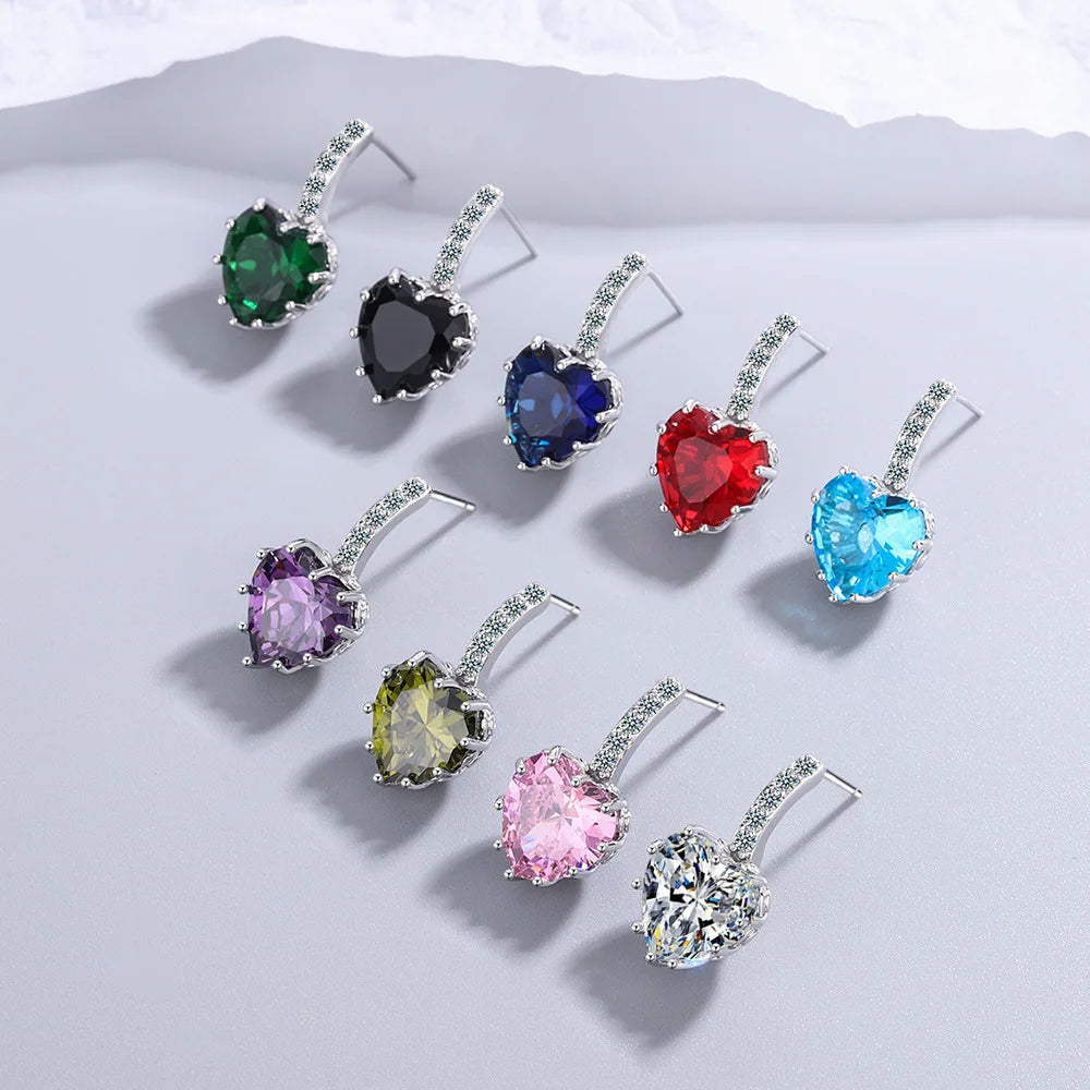 Luxury Female Colorful Zircon Stone Earrings Silver Color Stud Earrings for Women Cute Rainbow Love Heart Wedding Earrings