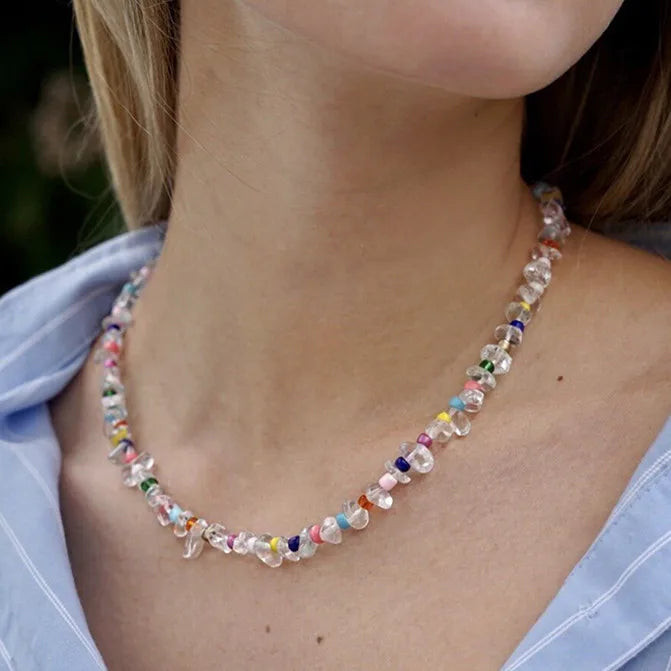 Maiou Trendy Designer Cute Candy Handmade Boho Clear Natural Stone Clear See Beads Beaded Necklace Jewelry for Women