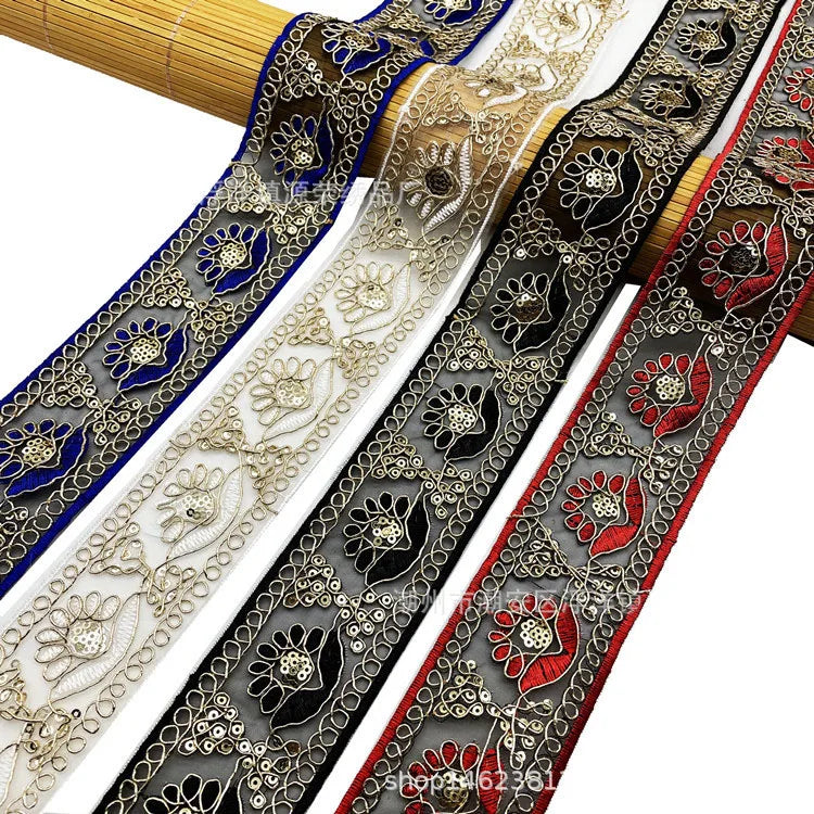 Vintage Sequin Lace Trimming for Women Organza Skirt Edge Woven Tape Ethnic Style Floral Clothing Accessories