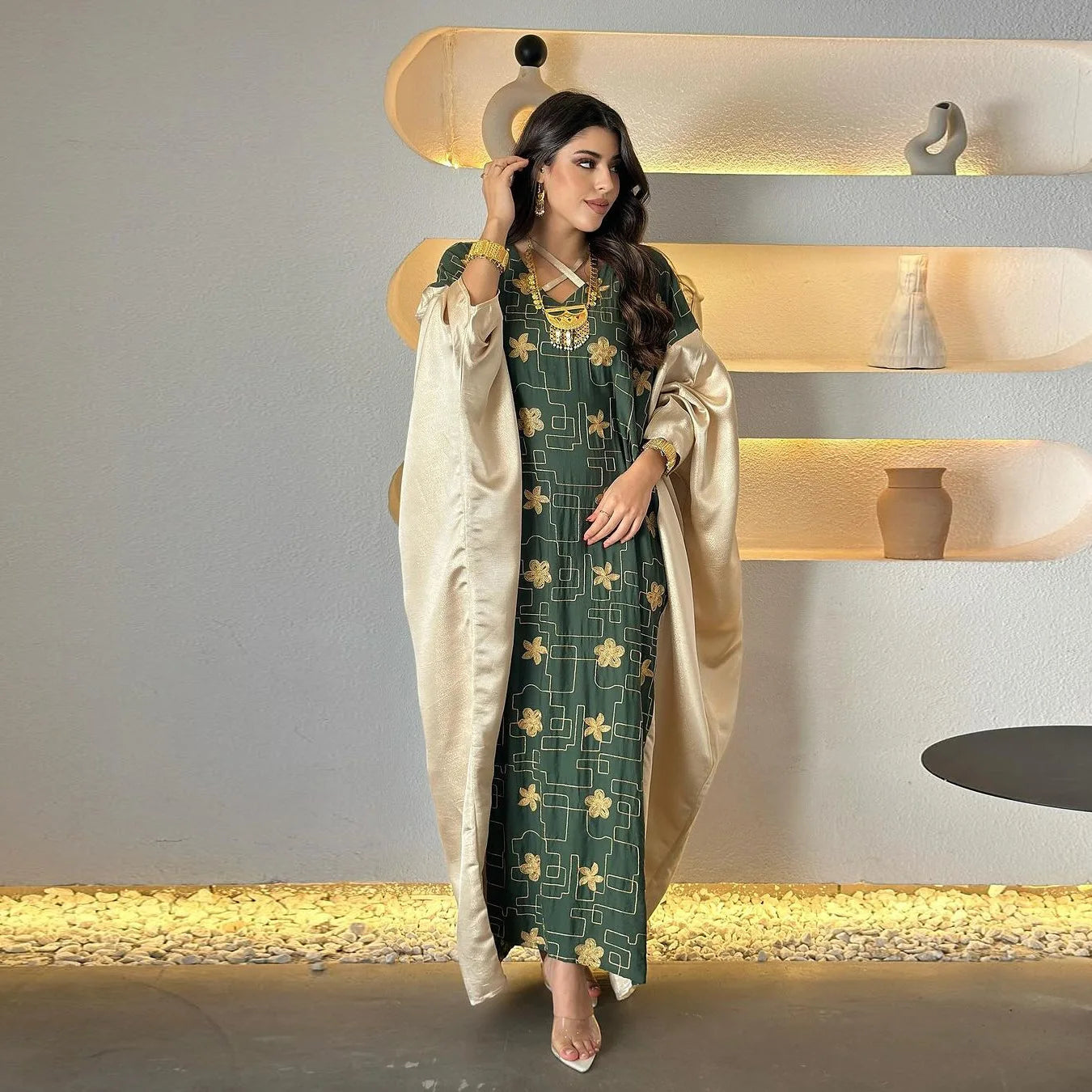 Fashion Patchwork Casual Batwing Sleeve Embroidery Party Saudi Women Dresses Muslim Ramadan Abaya Kaftan Moroccan Arab Robe