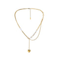 Fashion Jewelry Bijoux Femme Acier Inoxydable Irregular Long Drop Pearl Gold Plated Heart Pendant Necklace