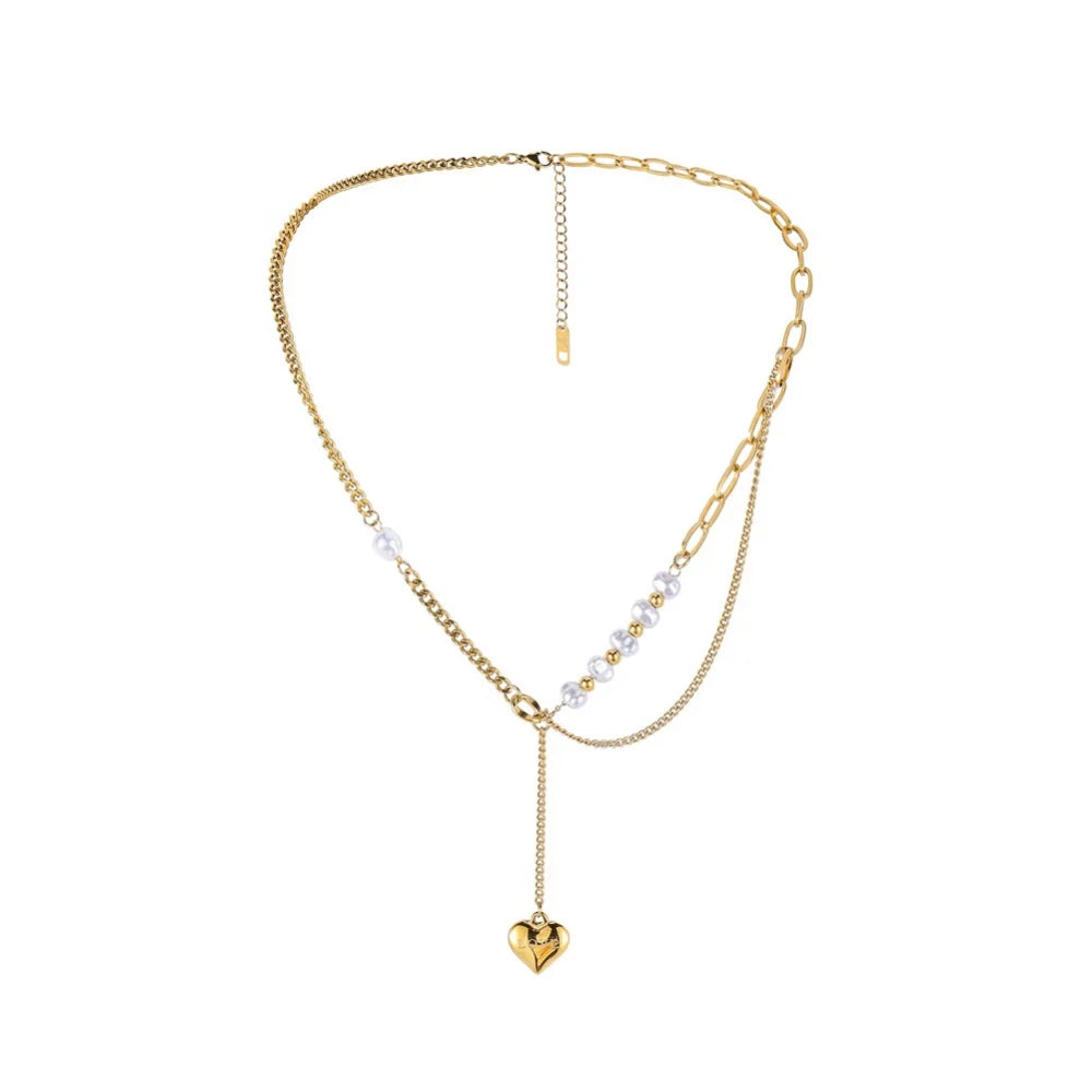Fashion Jewelry Bijoux Femme Acier Inoxydable Irregular Long Drop Pearl Gold Plated Heart Pendant Necklace