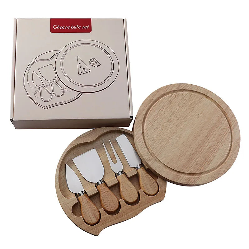 Rubber Wooden Box 4 Piece Cheese Knife Shovel Stainless Steel Cheese Tools Tableware Cheese Knife Set Gift Box