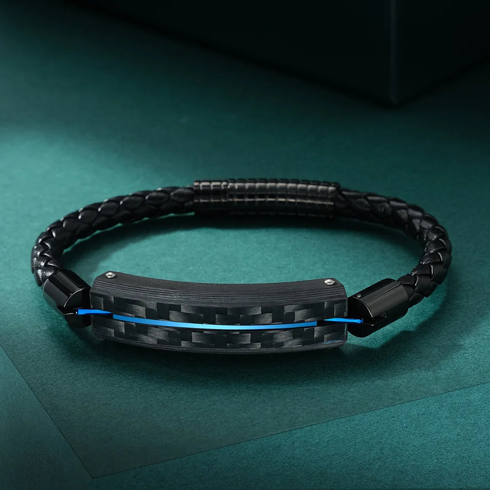 New Trend Stainless Steel Carbon Fiber Personalized Genuine Leather Bracelet Metal Clasp for Men Bracelet Jewelry Customize