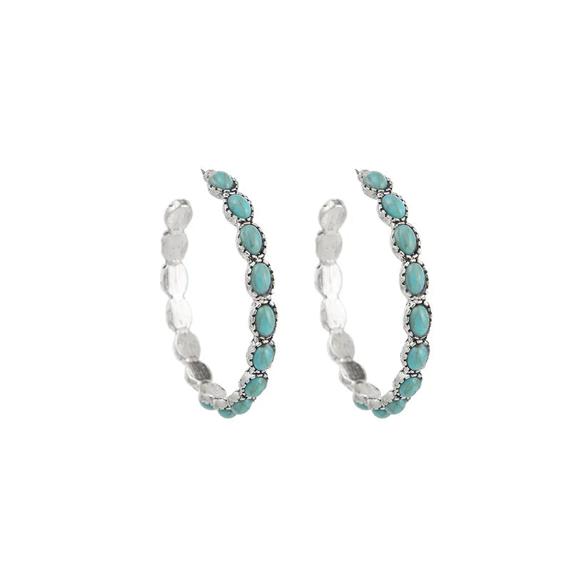 European and American Retro Western Style Turquoise Big Circle Round Turquoise Ear Hoop Earrings Jewelry