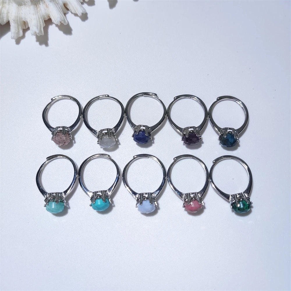 Hot Sale Silver Natural Blue Apatite Malachite Turquoise Inlaid Personality Simple Faceted Round Stone Rings for Lady Adjustable