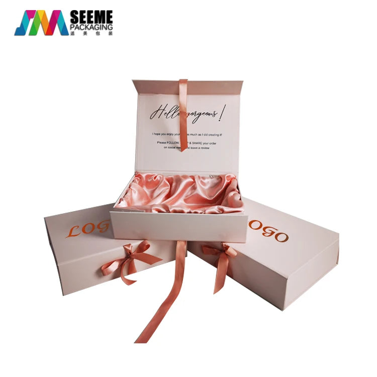 Custom Luxury Magnetic Folded Holiday Party Gift Box with Ribbon Satin Inserts Wedding Favors Wig Hair Extension Gift Boxes