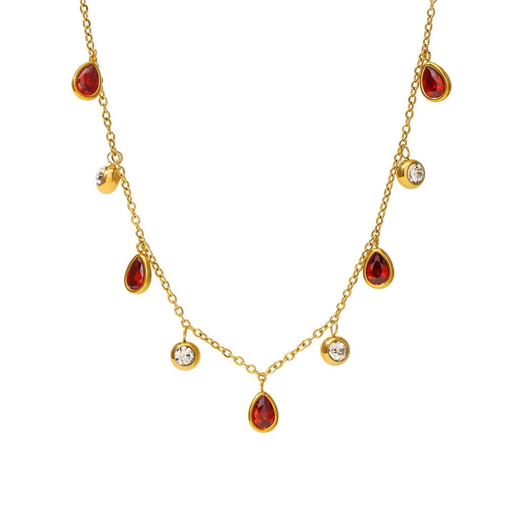 Stainless Steel 18k Gold Plated Dreamy Water Droplet Tassel Colored Zircon Waterproof Necklace YF6096