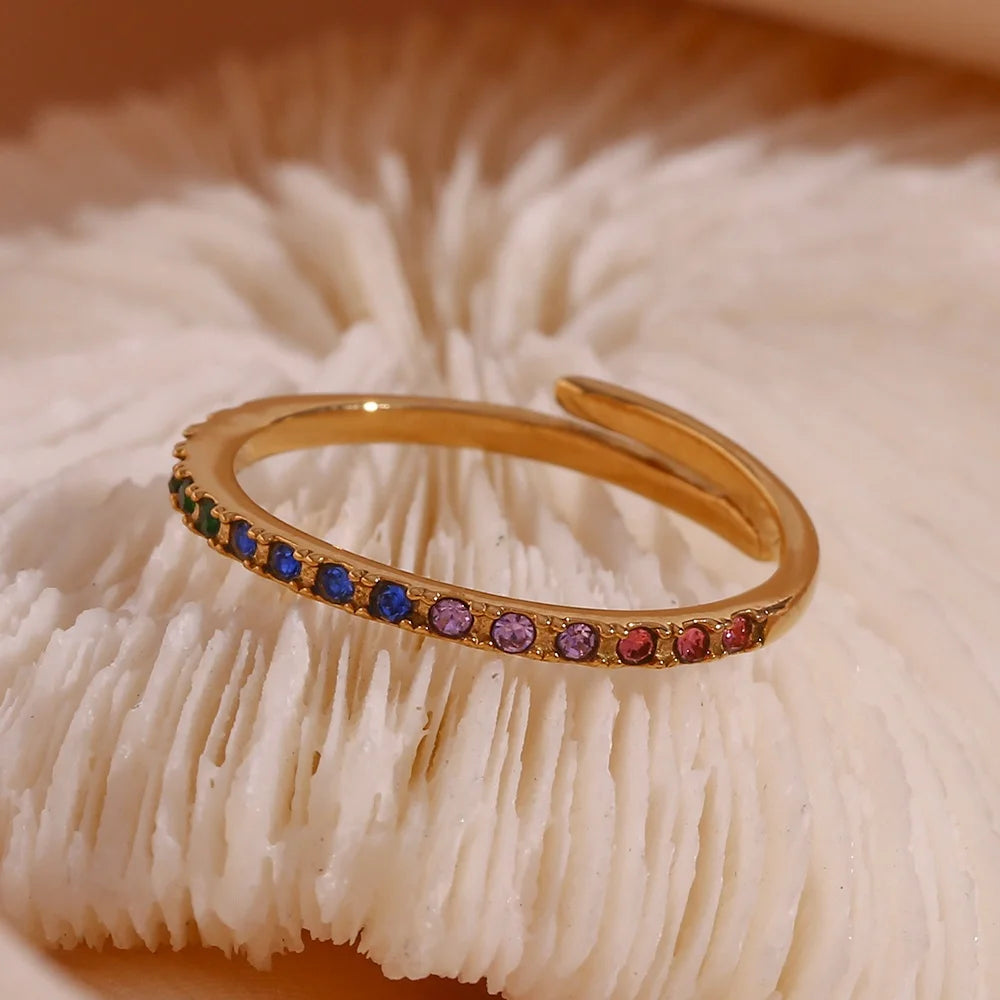 Dreamshow Jewelry AAA Colorful Zircon Adjustable Dainty Ring PVD Gold Plated Stainless Steel Rings Jewelry Women