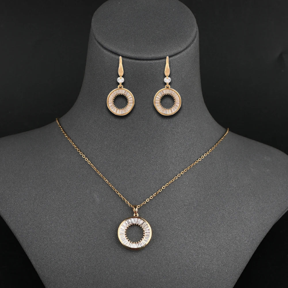 Gold Plated Jewelry Necklace Trendy Dainty Necklace and Circle Pendant Earrings Set for Women Lady Zircon Fashion Jewellery 2021