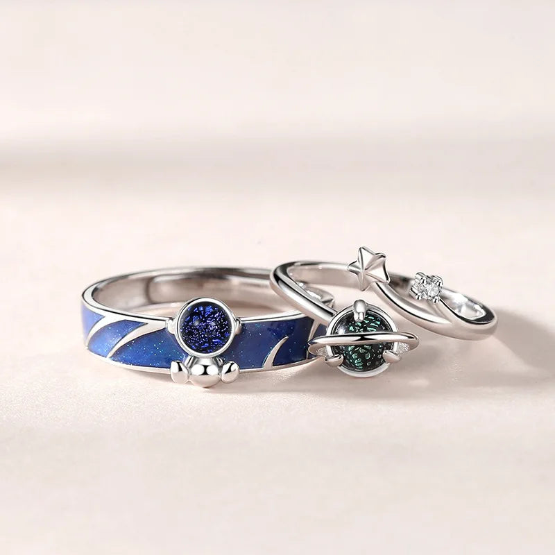 Star Galaxy Couple Ring Wholesale Astronaut Heart Ring Couples Accessories Spaceman Moon Ring Star Moon Finger Jewelry for Lover