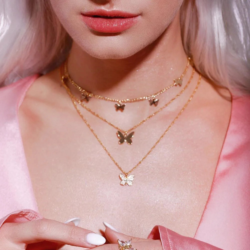 SC New Arrival Fashion Butterfly Pendant Necklace Vintage Multilayer Necklace Gold Plated Butterfly Necklace for Women