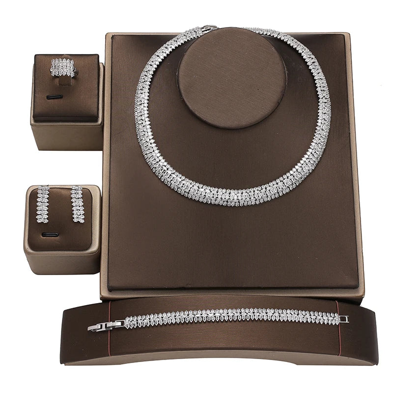 Fashion Luxury Zircon Necklace Bracelet Earrings Ring Wedding 4pcs Gold Filled Jewelry Sets Exquisite Set  Bisuteria BN8713