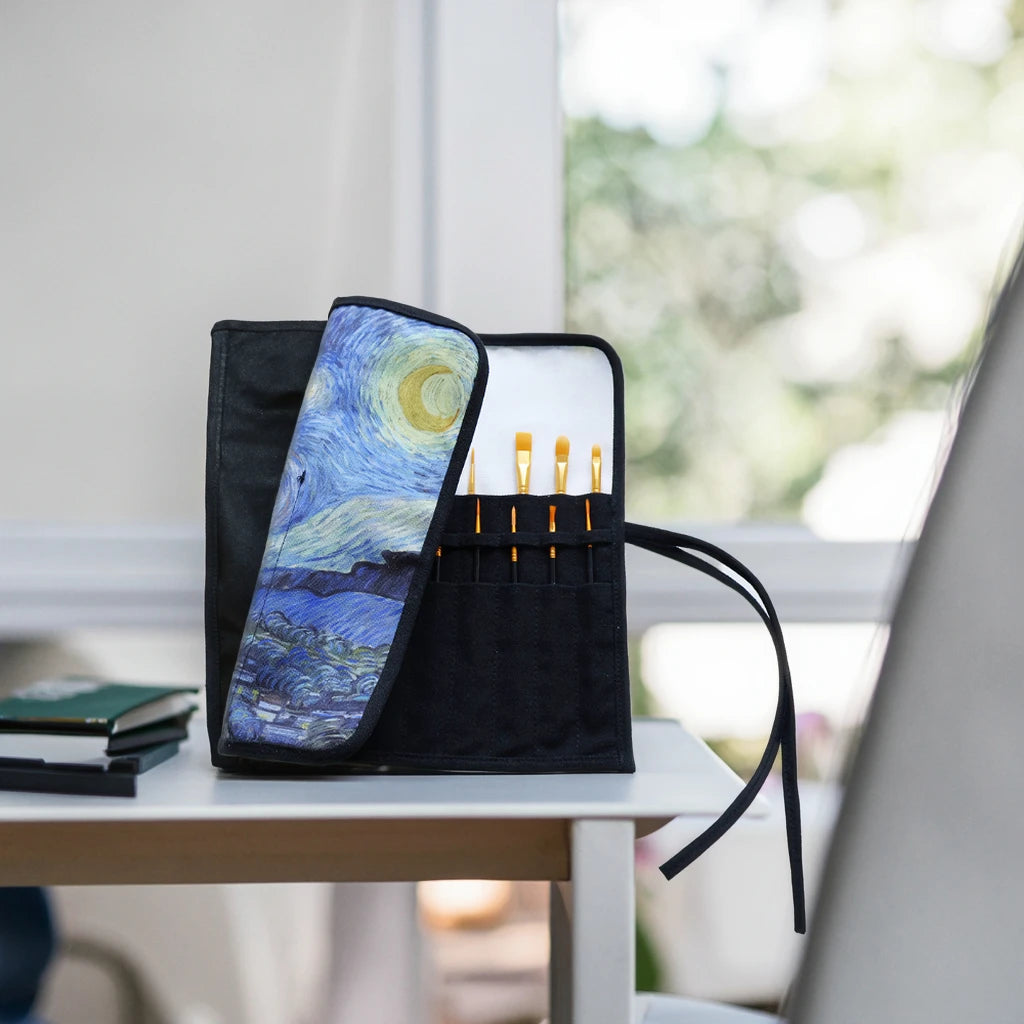 Canvas Pen Roll Bag Curtain 12 Holes Cartoon Pencil Case Art Paint Brush Holder Colored Pencils Organizer