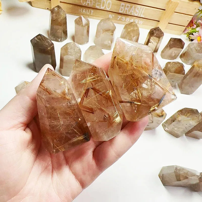 Natural Rutilated Crystal Wand Golden Hair Crystal Tower Gold Rutile Quartz Point for Healing