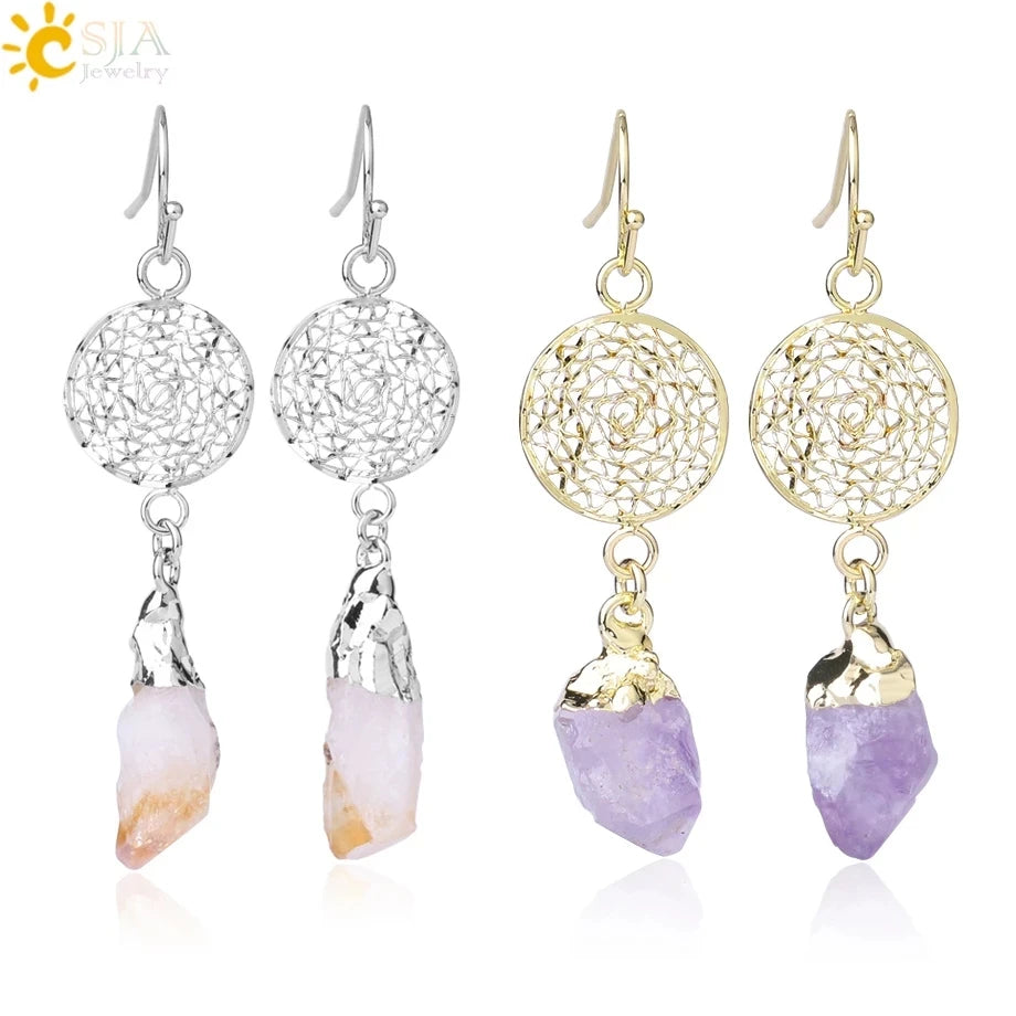 CSJA Hot Dreamcatcher Gold Filled Natural Raw Irregular Gemstone Quartz Citrine Drop Earring for Women  F897