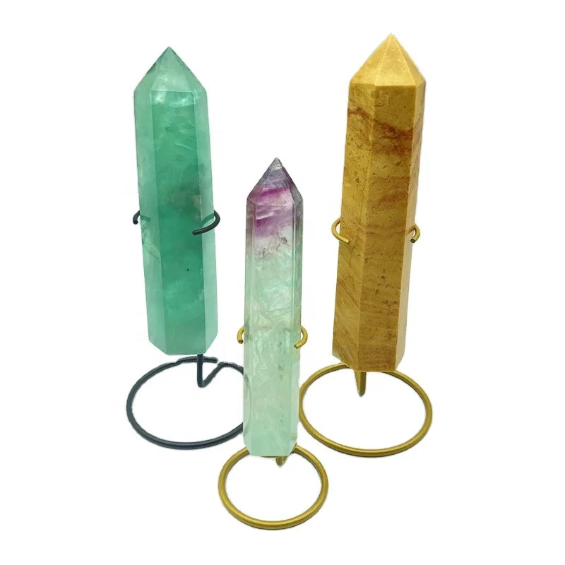 Wholesale Natural Healing Crystal Gemstone Tower Holder Quartz Point Metal Stand for Decoration