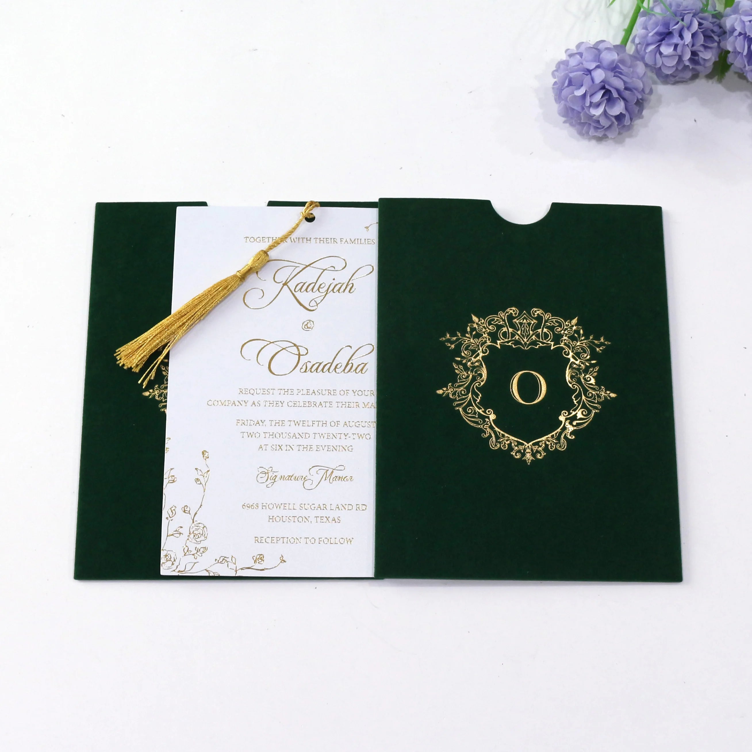 Factory Price Custom Gold Foil Logo Velvet Pocket Envelope with Wedding Invitation Thank You Cards Certificate Tassel