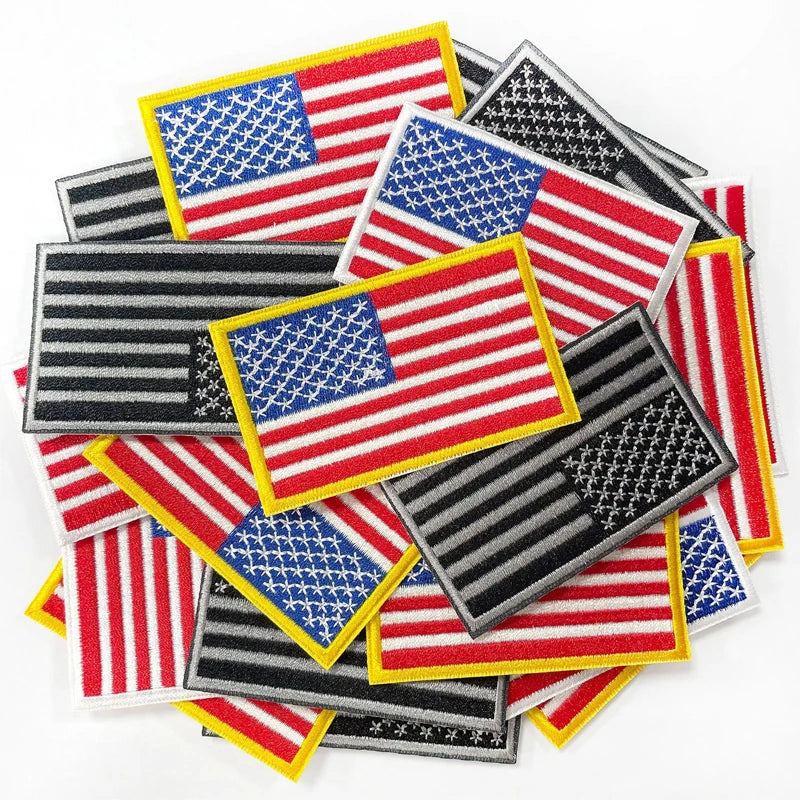 Wholesale Custom American US Flag Patches Gold Border Embroidered Iron-on/Hook and Loop Applique Patches for Clothing Hat Bags