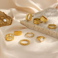 Dreamshow Glossy Gold Plated Jewelry Set Zircon Pearl Paved Rings Croissants Heart Twisted Stainless Steel Ring Set