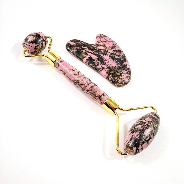 2026 Low MOQ Custom Rhodonite Jasper Roller Set Manufacturer Quartz Jade Face Roller Gua Sha Stone Massage Tool Set