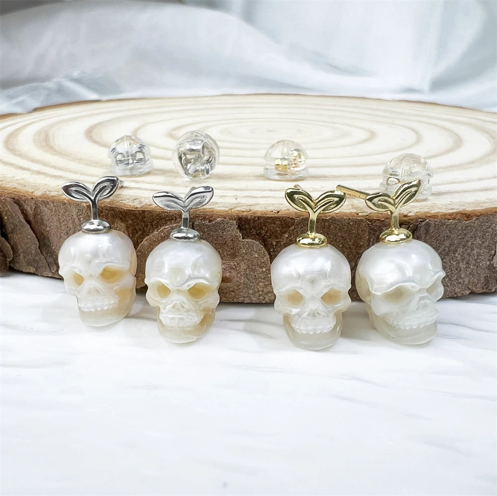 Wholesale Real Freshwater Pearl Carved Skull Heads 925 Sterling Silver Gold Plated Fashion Skull-shaped Pearl Sprout Earrings
