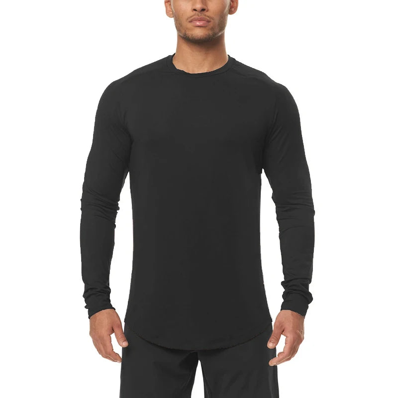 90% Polyester + 10% Spandex Autumn Long Sleeve T Shirt Men Sportswear Slim Fit Tee Fitness T-shirt O-neck Solid Quick Dry Tshirt