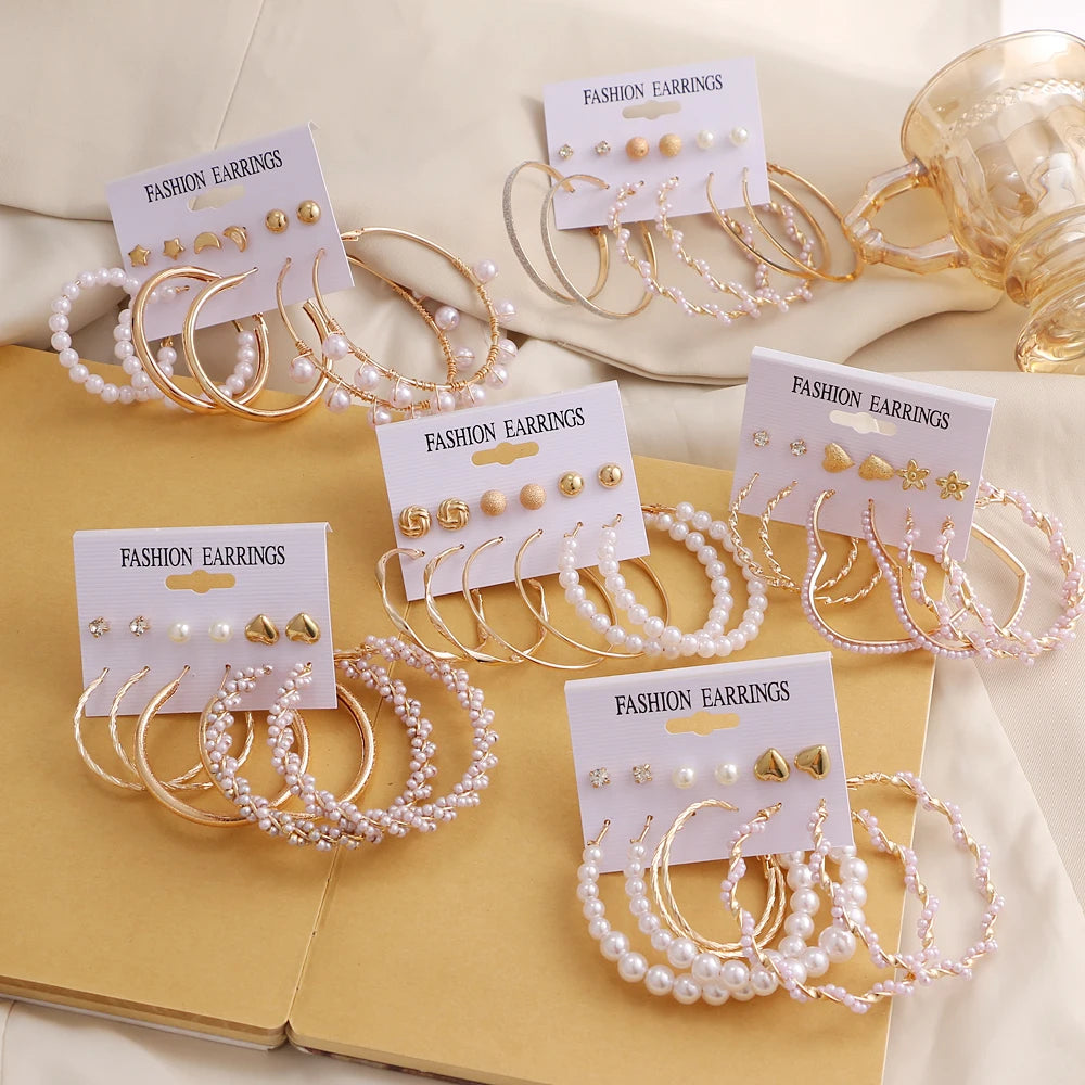 VKME Fashion Trend Flower Heart Stud Earrings Pearl Heart Earrings Set  for Women Jewelry