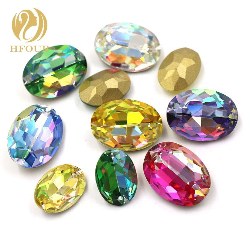 High Quality Laser Color Glass Loose Beads Oval Shape Glue Crystal Rhinestones for Accessories
