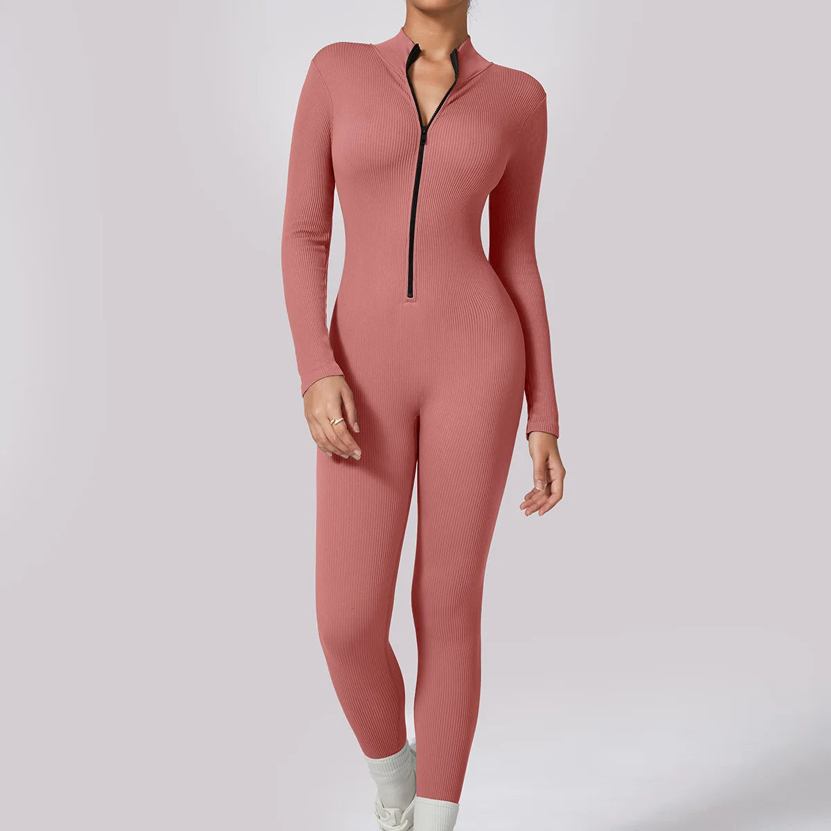 Winter Long Sleeve Yoga Jumpsuit Front Zipper High Elastic Yoga Bodysuit Long Leggings Yoga Wear for Women
