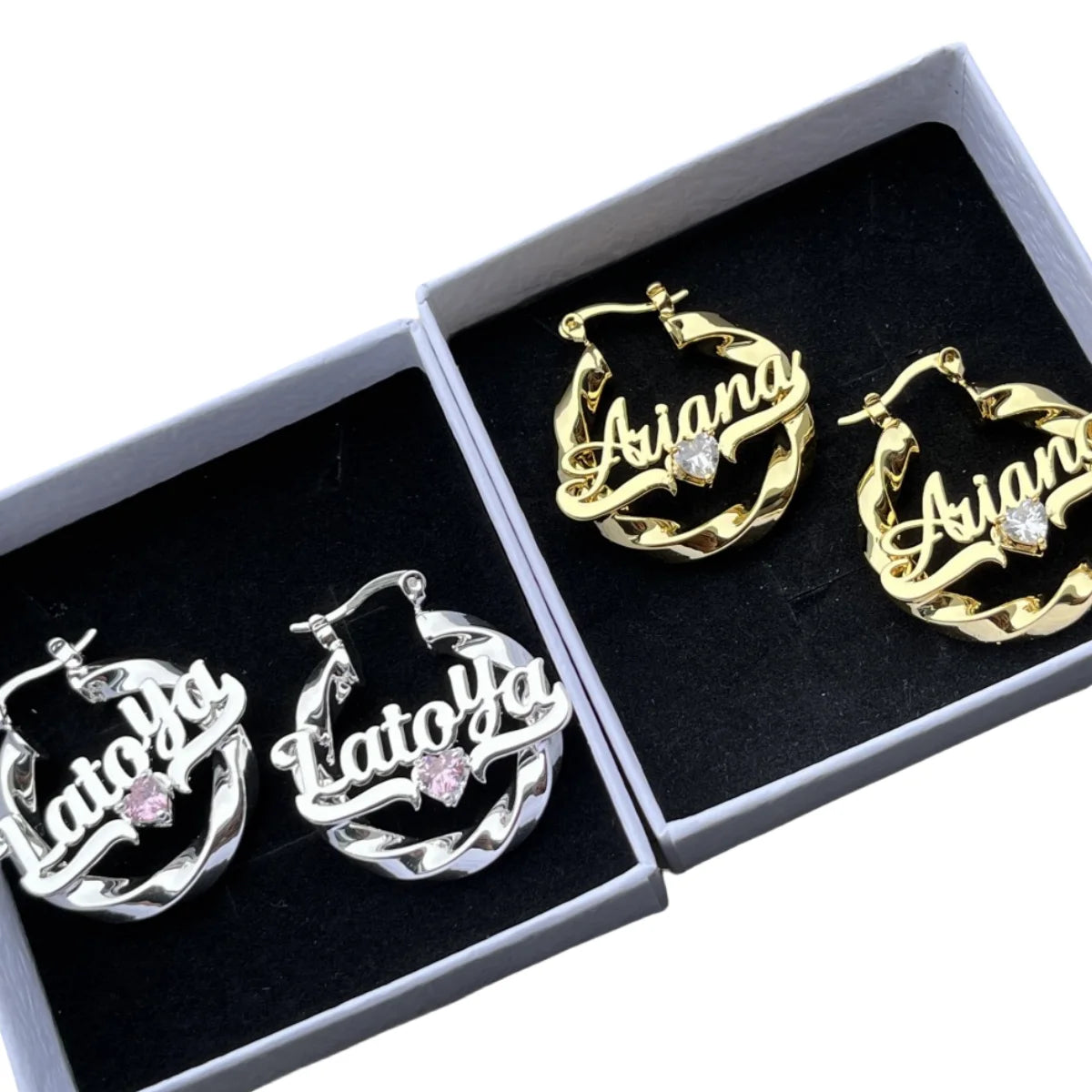 QIUHAN Personalized Heart Zircon 30mm Twist Hoops Stainless Steel Custom Name Earrings