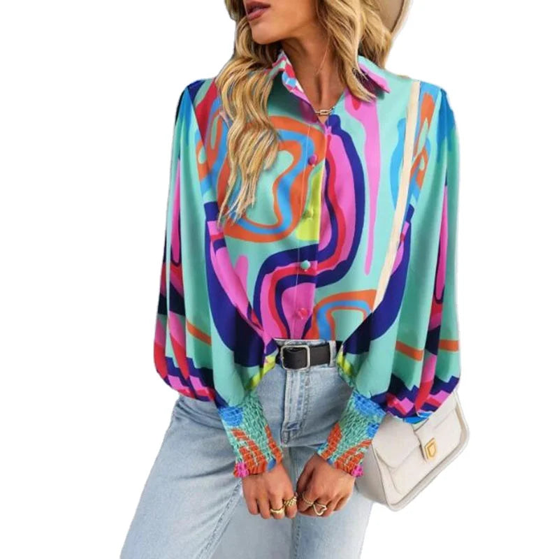 Fashion Loose Size S-2XL Shirts for Women 2023 Spring Women Lantern Sleeve Oversized Printed Shirts Elegant Female Blouses