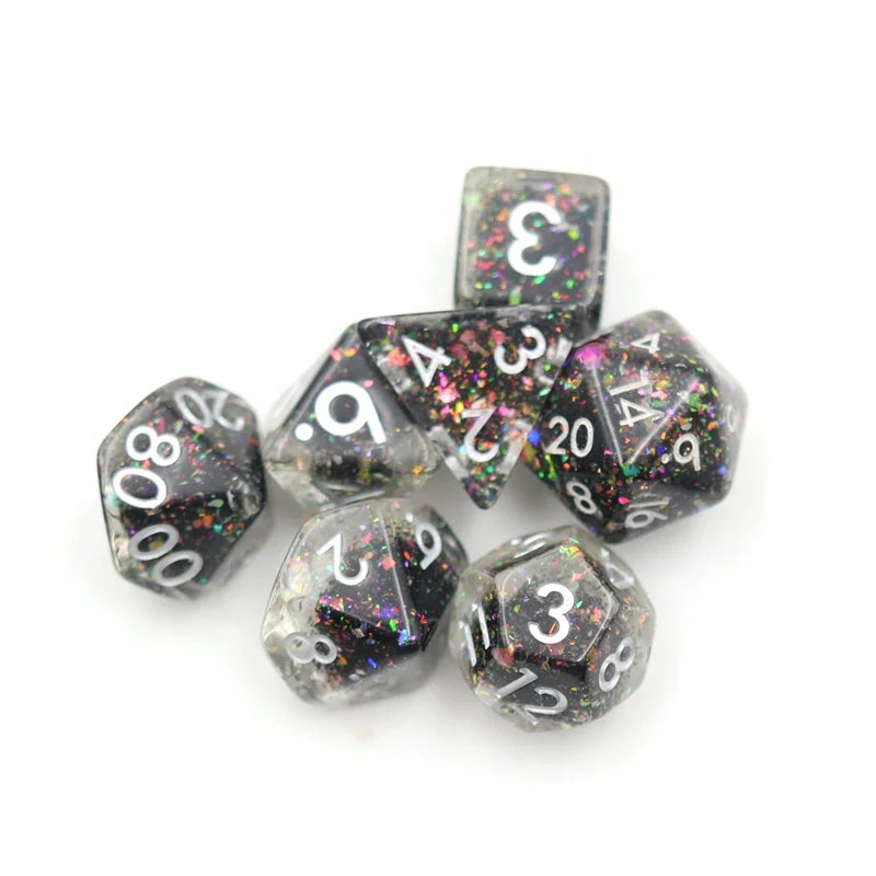 Custom logo Dice Set Oem Whole Sale Polyhedral Resin Black Mica Glitter-silver Ink Dice