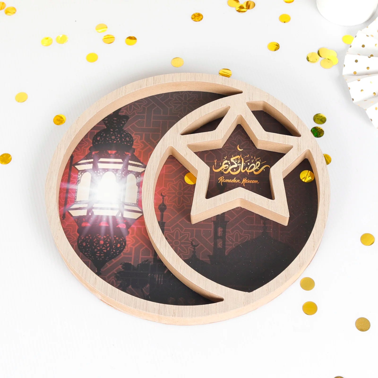 Pafu Wooden Rustic Crescent Moon Star Round Eid Ramadan Party Food Serving Tableware Dessert Pastry Tray Display Holder Decor