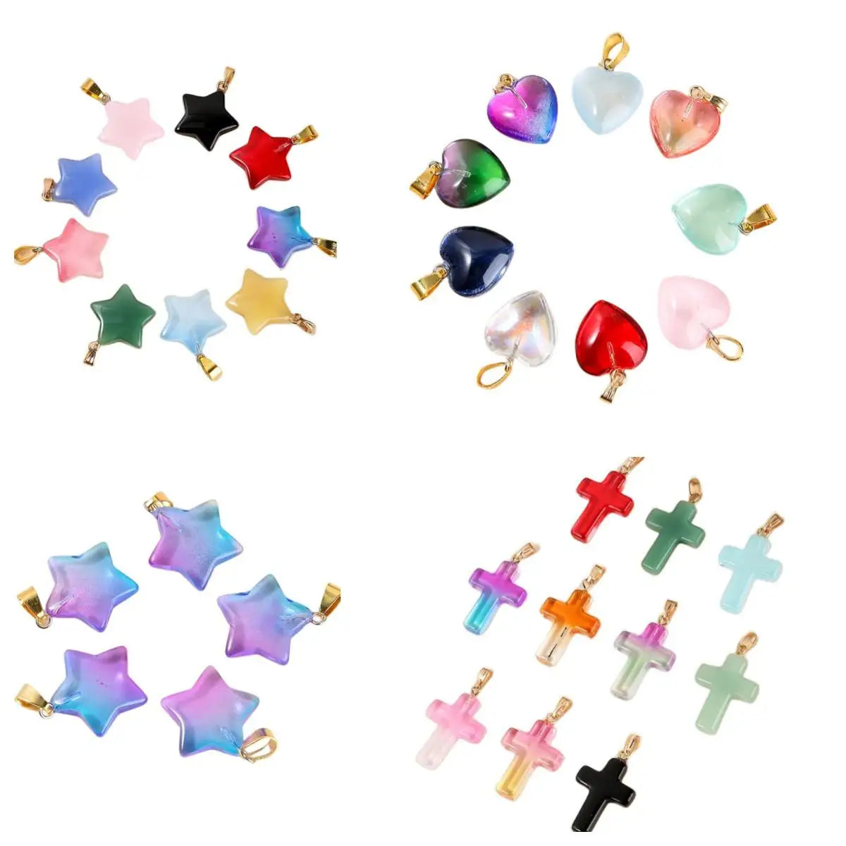 Rainbow Heart Cross Star Shape Glass Pendant 12pcs/Set Crystal Glass Charm Pendant for Jewelry Making