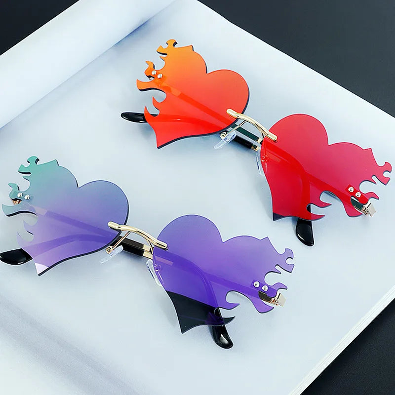 Custom Logo Retro Rimless Flame Heart Sunglasses Clear Ocean Mirror Lens Shades UV400 Love Heart Flame Shape Women Sunglasses