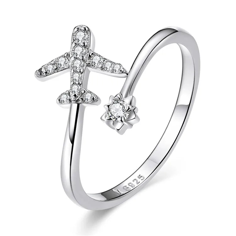 Fashion Jewelry Rings 925 Sterling Silver Rings Adjustable Open Rings Airplane Plane with Cubic Zircons MegaBDM