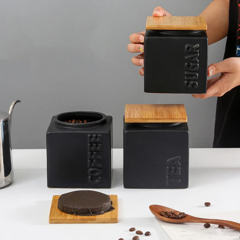 Luxury Black Kitchen Coffee Tea Sugar Food Storage Containers Ceramic Spice Jar Bamboo Lid Silicone Injection-Molded