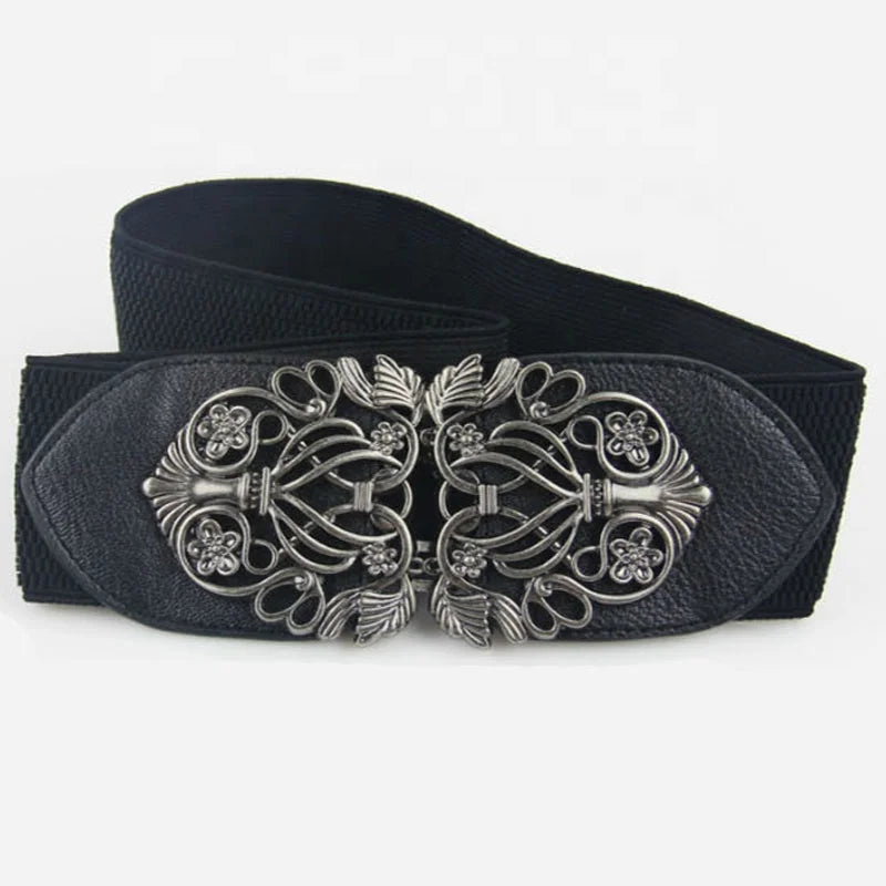 Retro Fashion Ladies Stretch Wide Waist Seal Dress with Alloy Buckle Belt Decorative Accessories