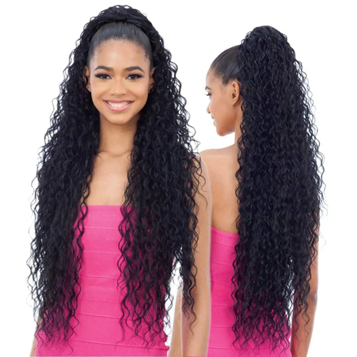 FASHION LINE Long Curly Drawstring Nail Pre-Bonded Ponytail 30" Black Color Synthetic Clip Extensions Women Afro Curly Corn