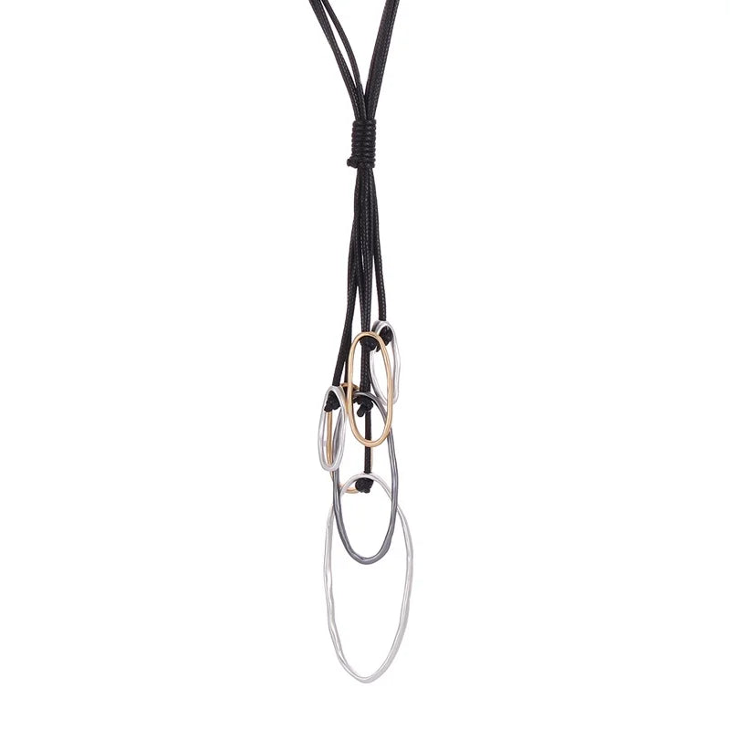 Fashionable Trendy Long Sweater Chain Multi Circle Pendant Black Rope Cord Women Statement Necklace