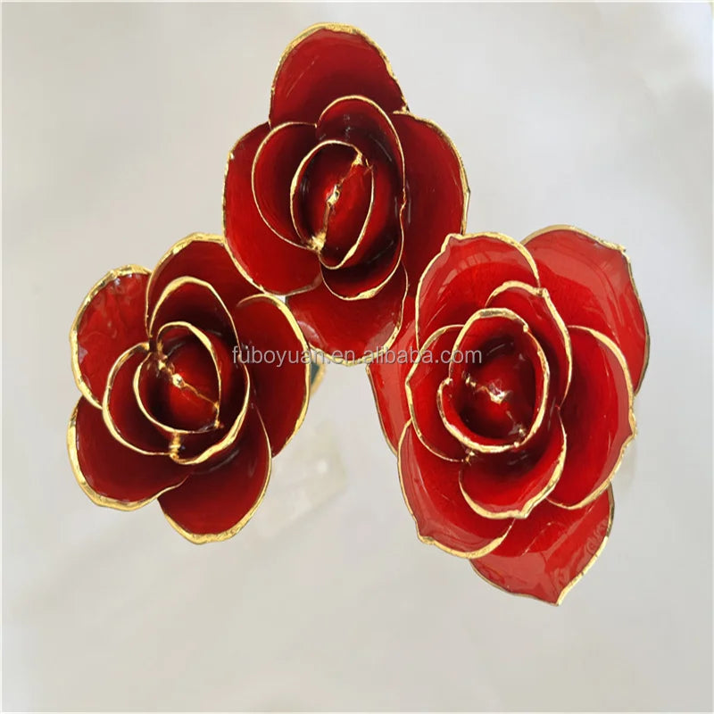 H0769 Golden Dipped 24k Gold Rose 5Petals Preserved Rose Real Craft Valentine' s Day Gift 24K Golden Plated Rose Flower